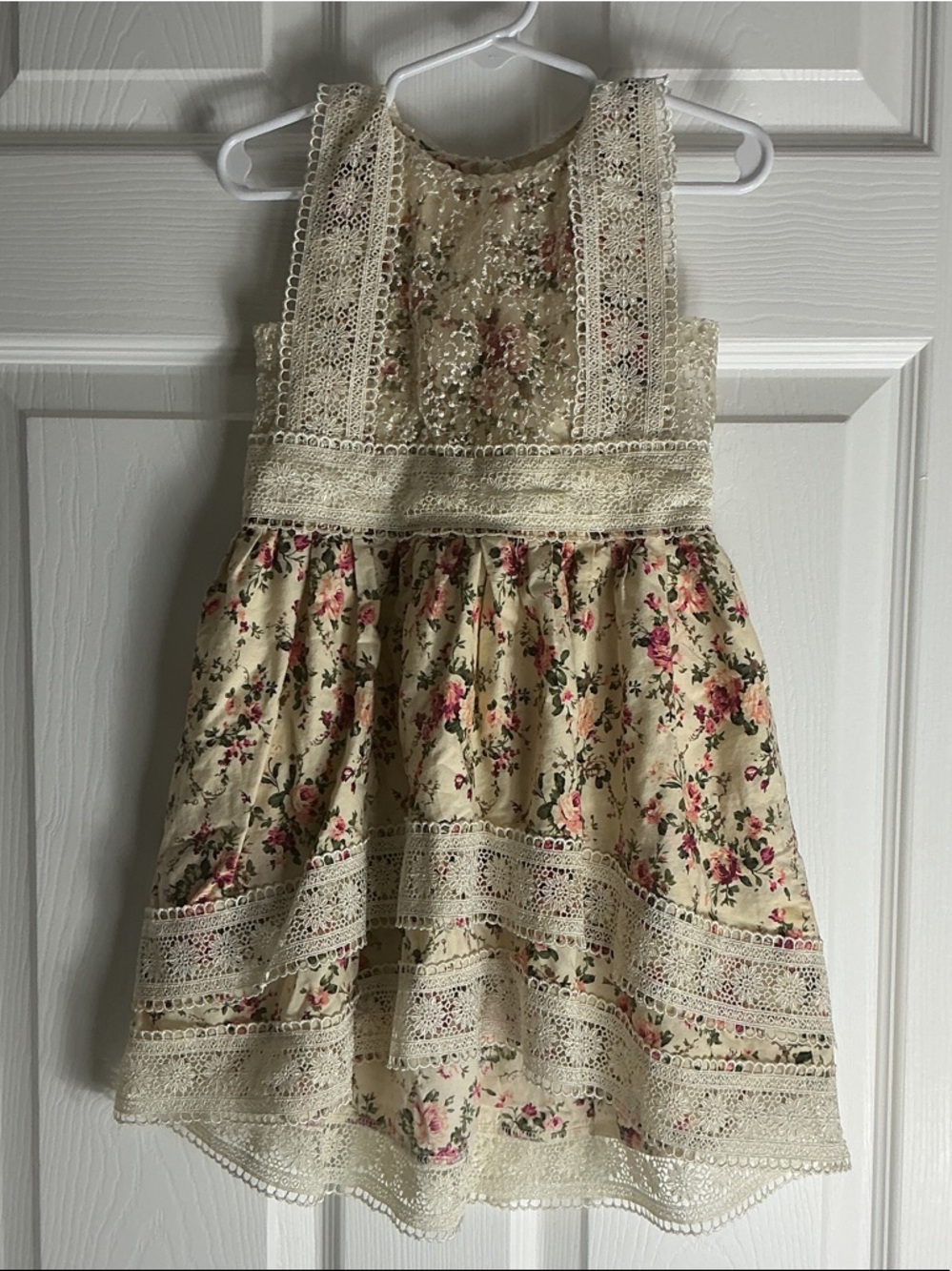 Cream Floral Lace Formal Dress for Girls with Pink Rose Print